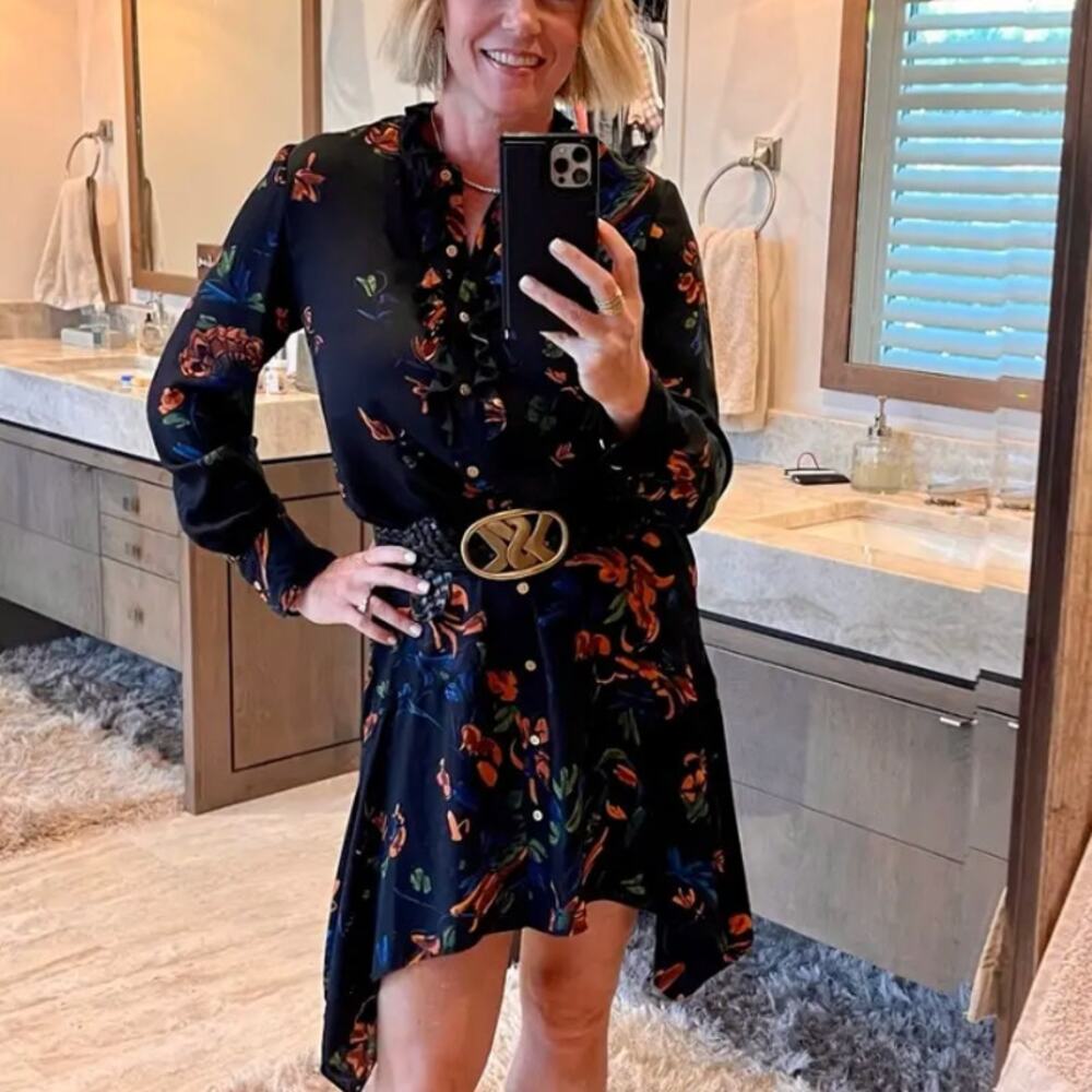 Tory Burch Black Floral Asymmetric Shirt Dress Size 0 Mini Career Designer $498 - Picture 9 of 11